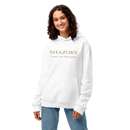 Close-up detail of custom photo print on unisex oversized heavyweight hoodie — drop shoulder hoodie surface texture