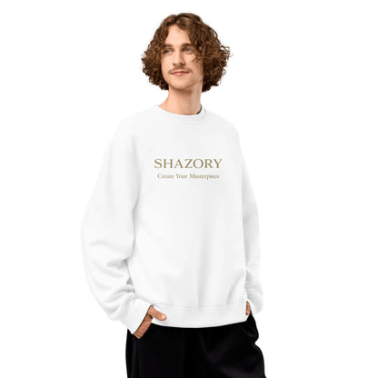 Close-up detail of custom photo print on unisex oversized heavyweight sweatshirt — drop shoulder sweatshirt surface texture