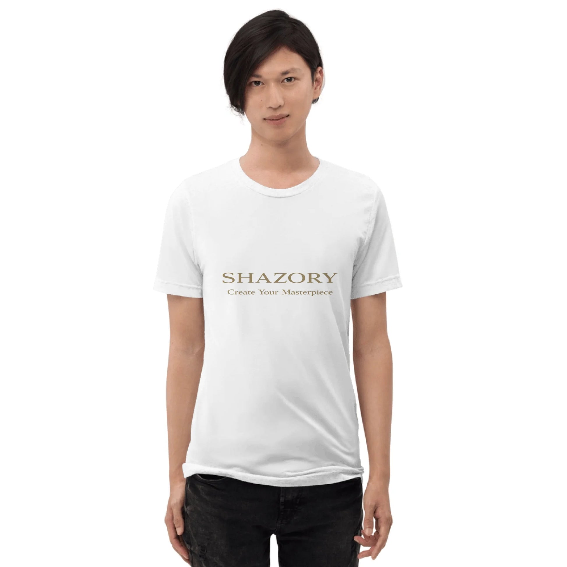 Front view of personalized unisex tri-blend tee — soft drape custom photo tee for everyday wear