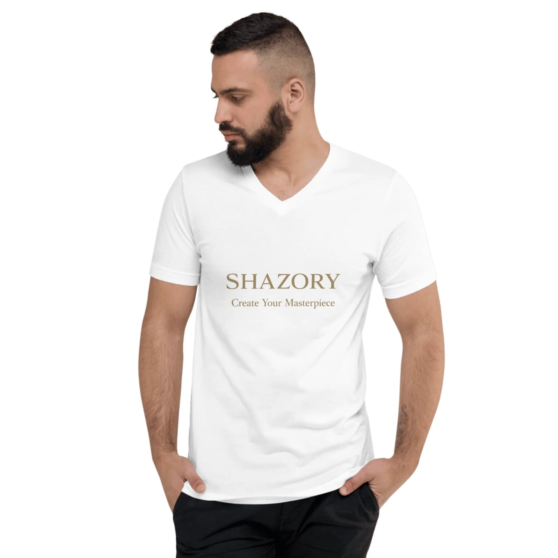Front view of personalized unisex V-neck tee — clean V-neckline for layering or solo wear