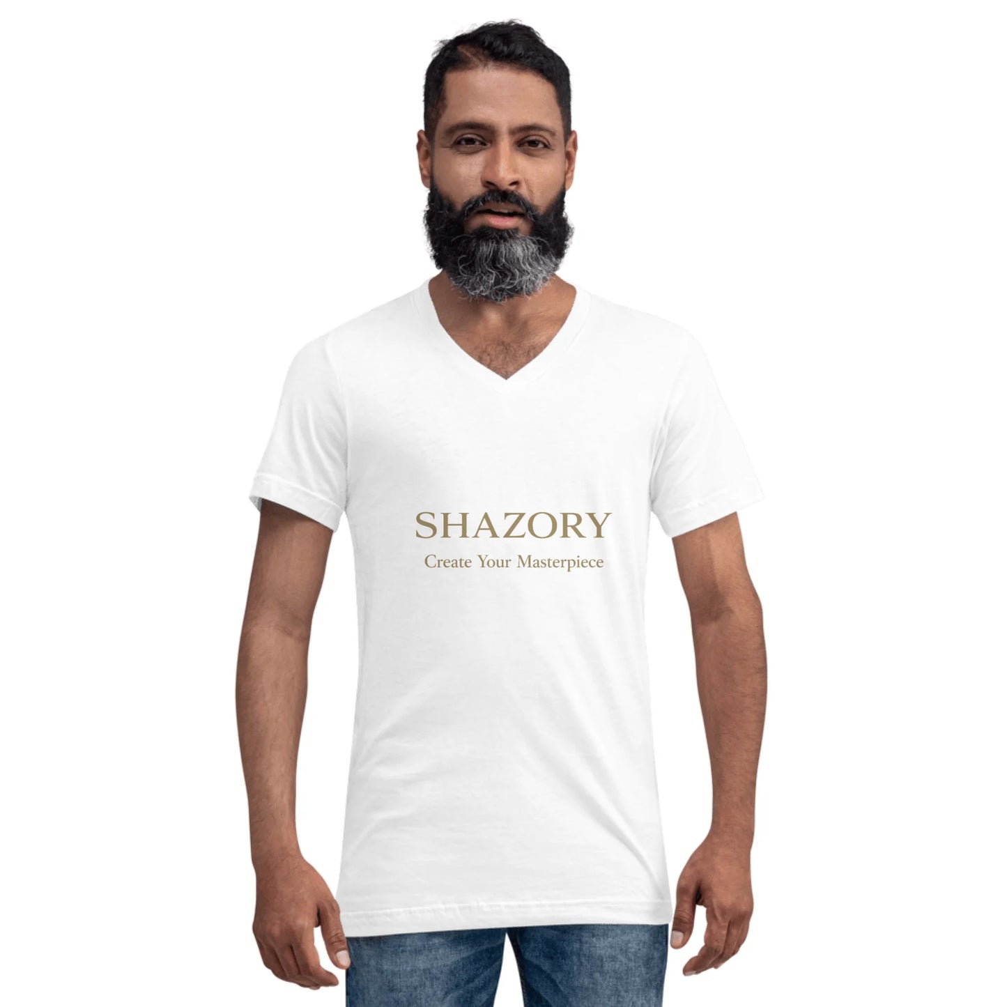 Close-up detail of custom photo print on unisex V-neck tee — combed cotton surface texture