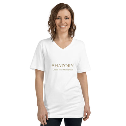Lifestyle styling of personalized unisex V-neck tee — apparel ready for everyday wear