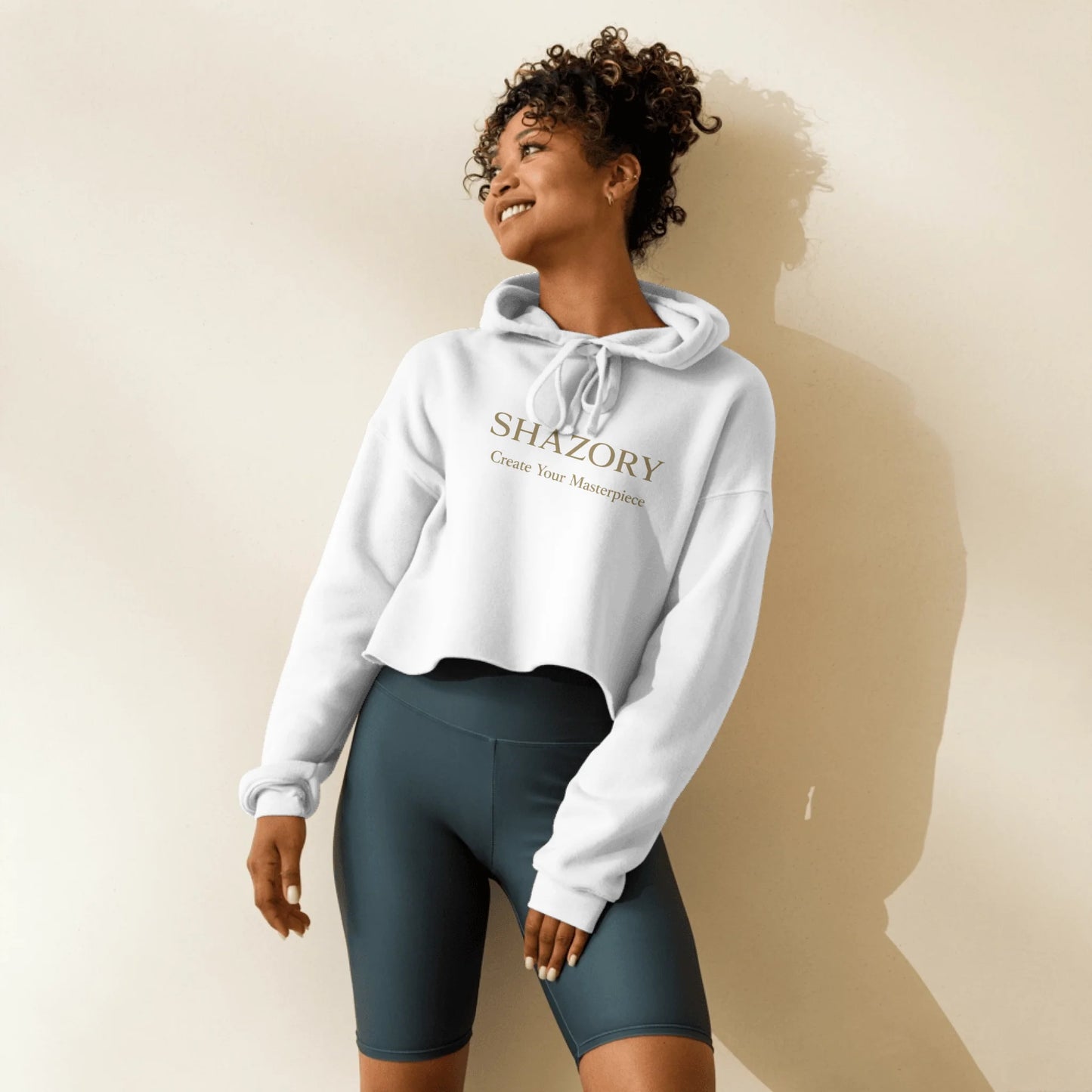 Front view of personalized women’s cropped hoodie — shorter silhouette in soft fleece blend