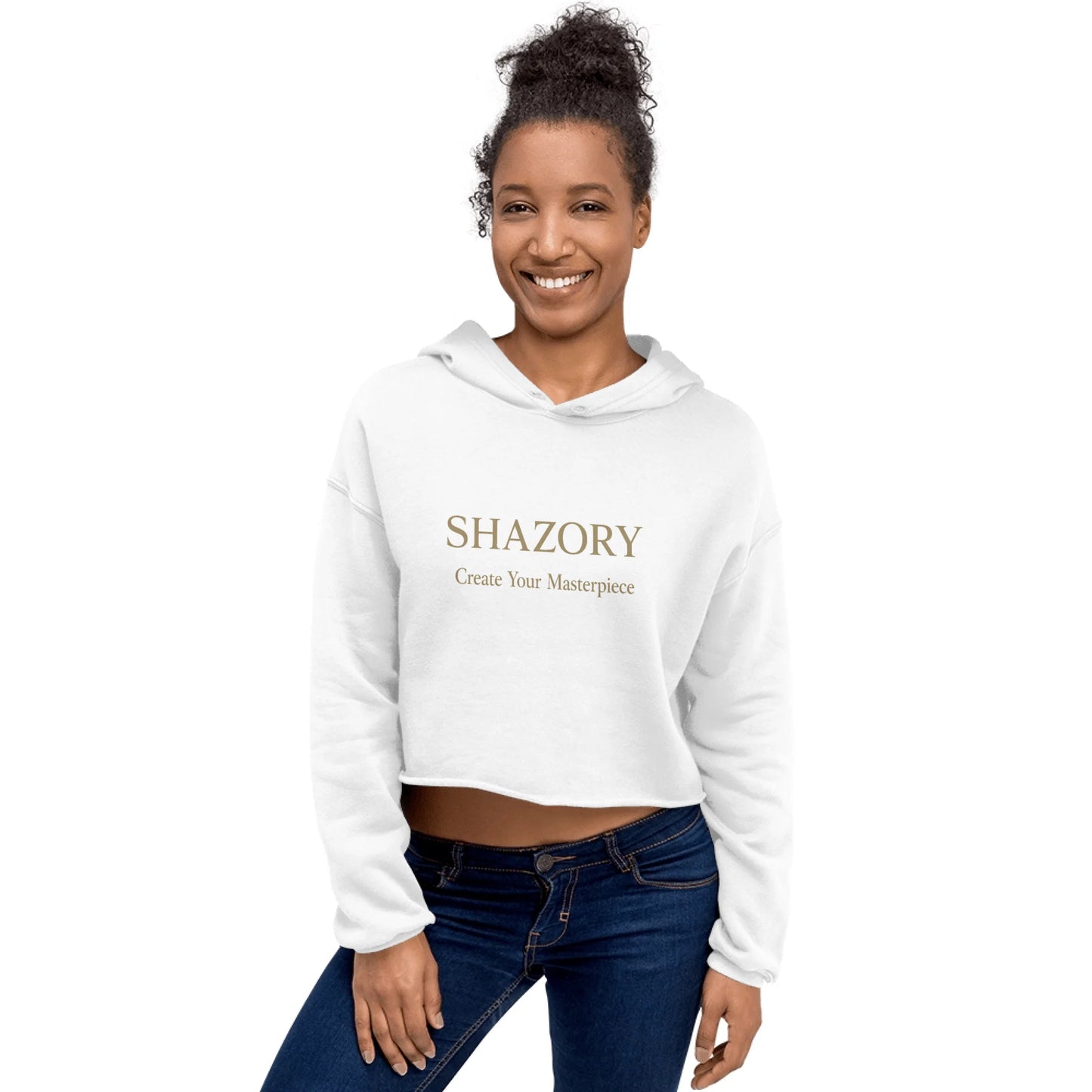 Close-up detail of custom photo print on women’s cropped hoodie — brushed fleece interior