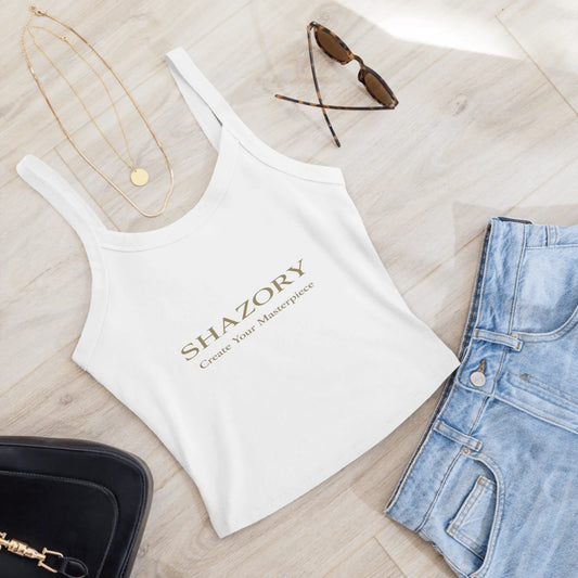 Front view of personalized women’s micro-rib tank — fitted silhouette in textured rib fabric