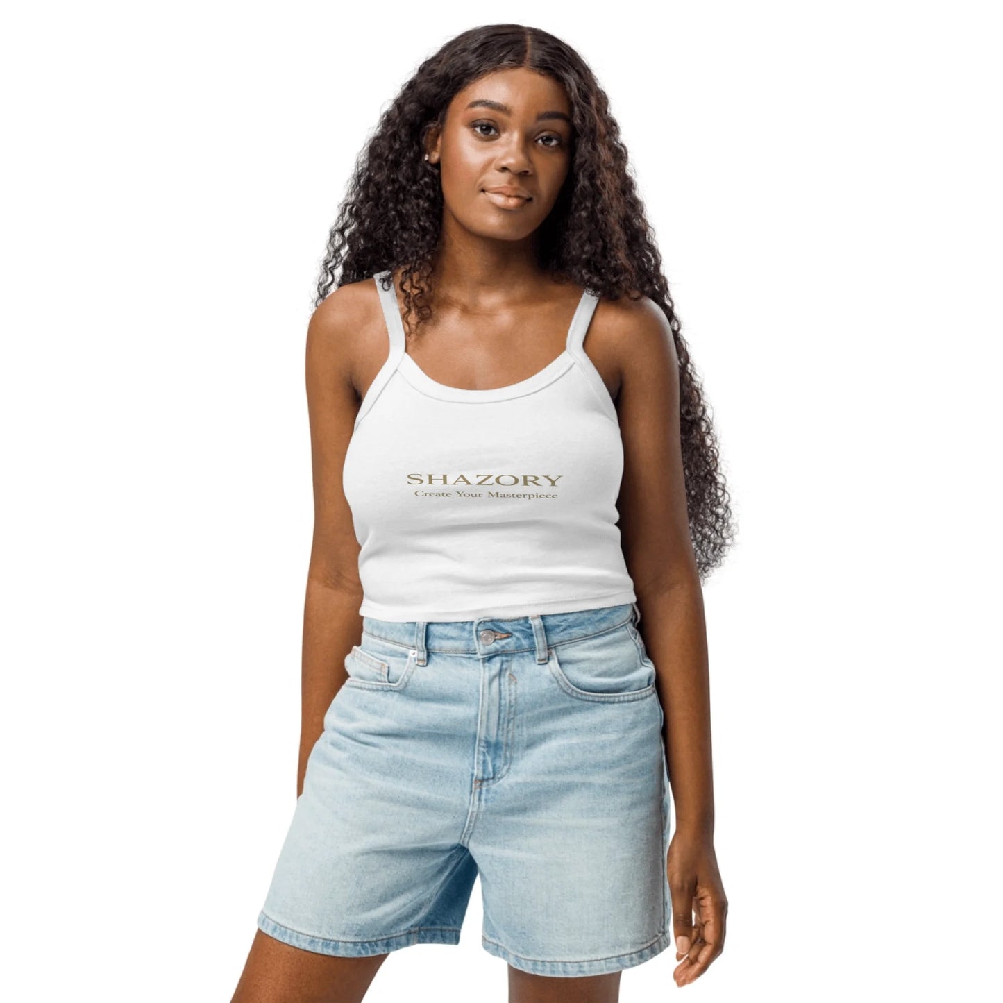 Close-up detail of custom photo print on women’s micro-rib tank — micro-rib fabric texture