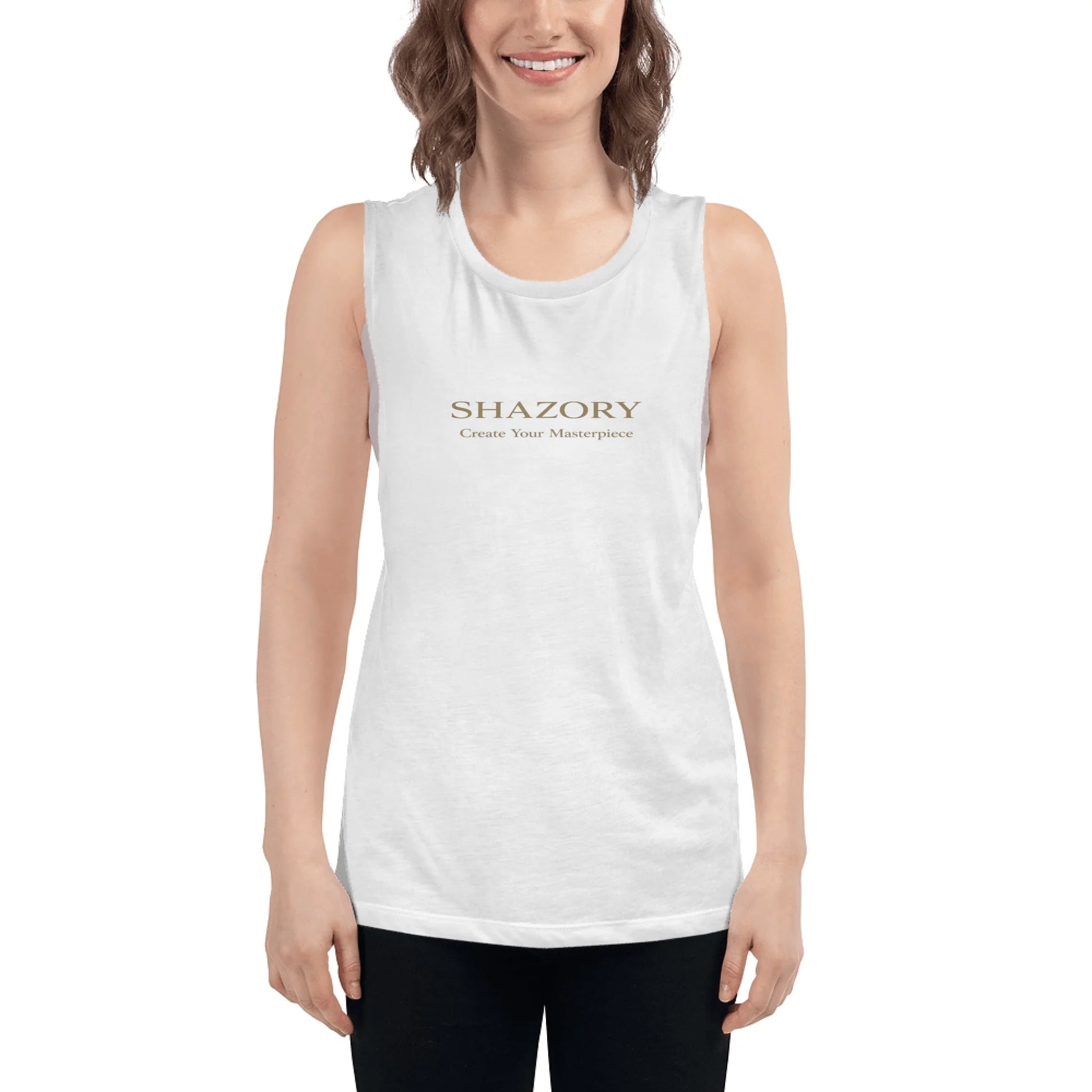 Front view of personalized women’s muscle tank — flowy draped silhouette with cut-away armholes