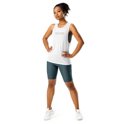 Lifestyle styling of personalized women’s muscle tank — flowy tank ready for daily wear