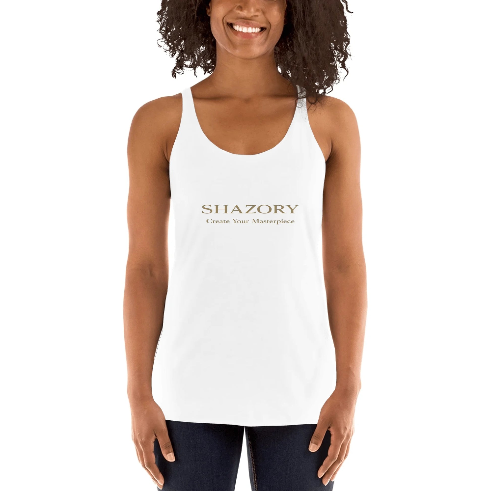 Close-up detail of custom photo print on women’s racerback tank — tri-blend fabric texture