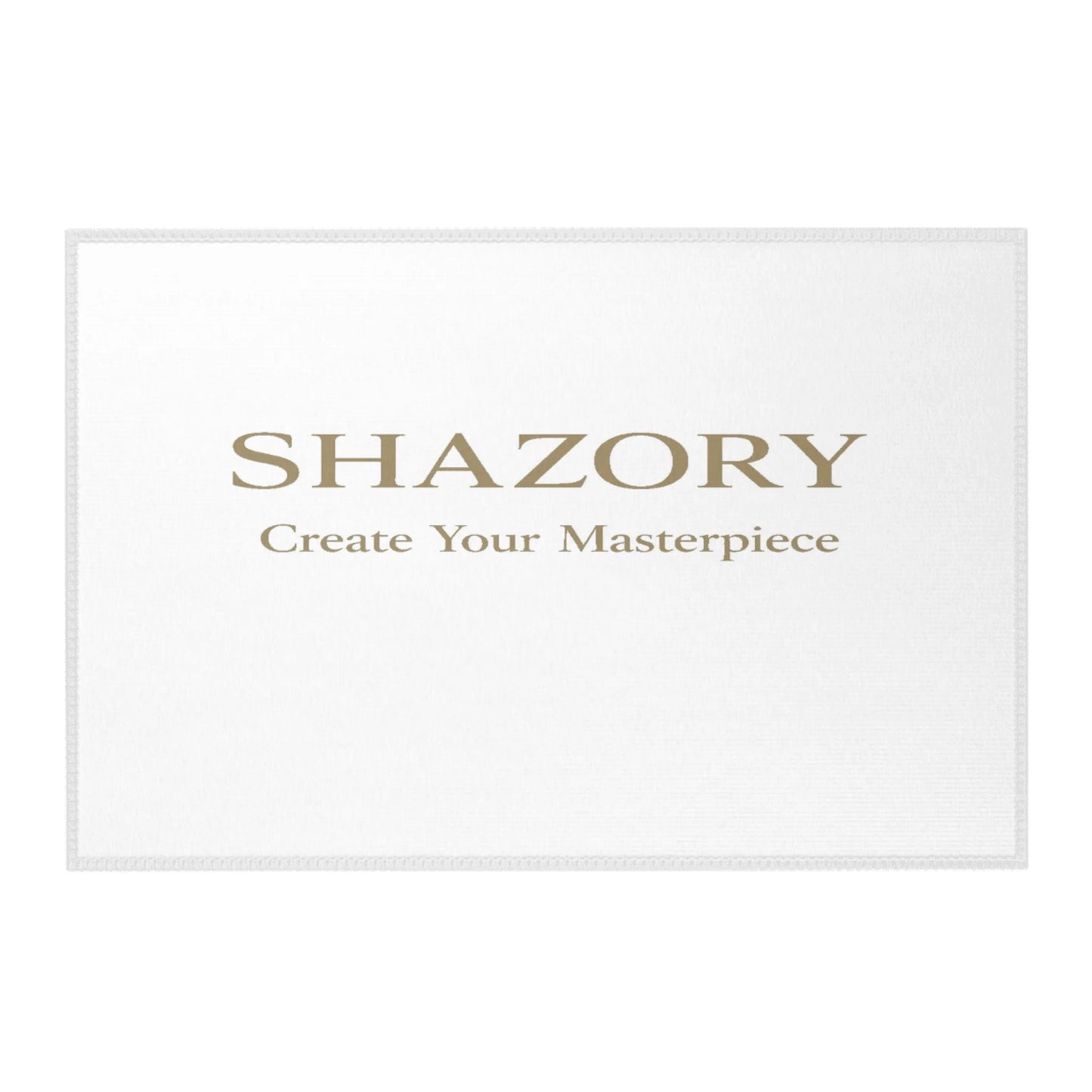 Personalized chenille area rug styled in living room — custom photo or artwork floor decor with hemmed edges