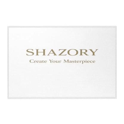 Personalized chenille area rug styled in living room — custom photo or artwork floor decor with hemmed edges