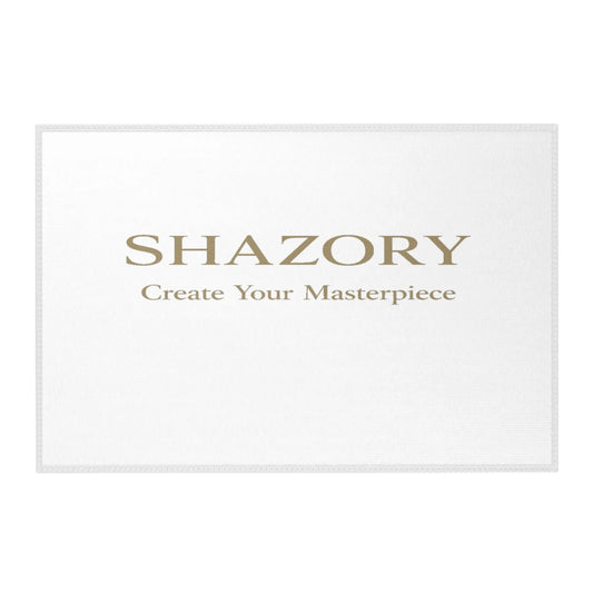 Personalized chenille area rug styled in living room — custom photo or artwork floor decor with hemmed edges