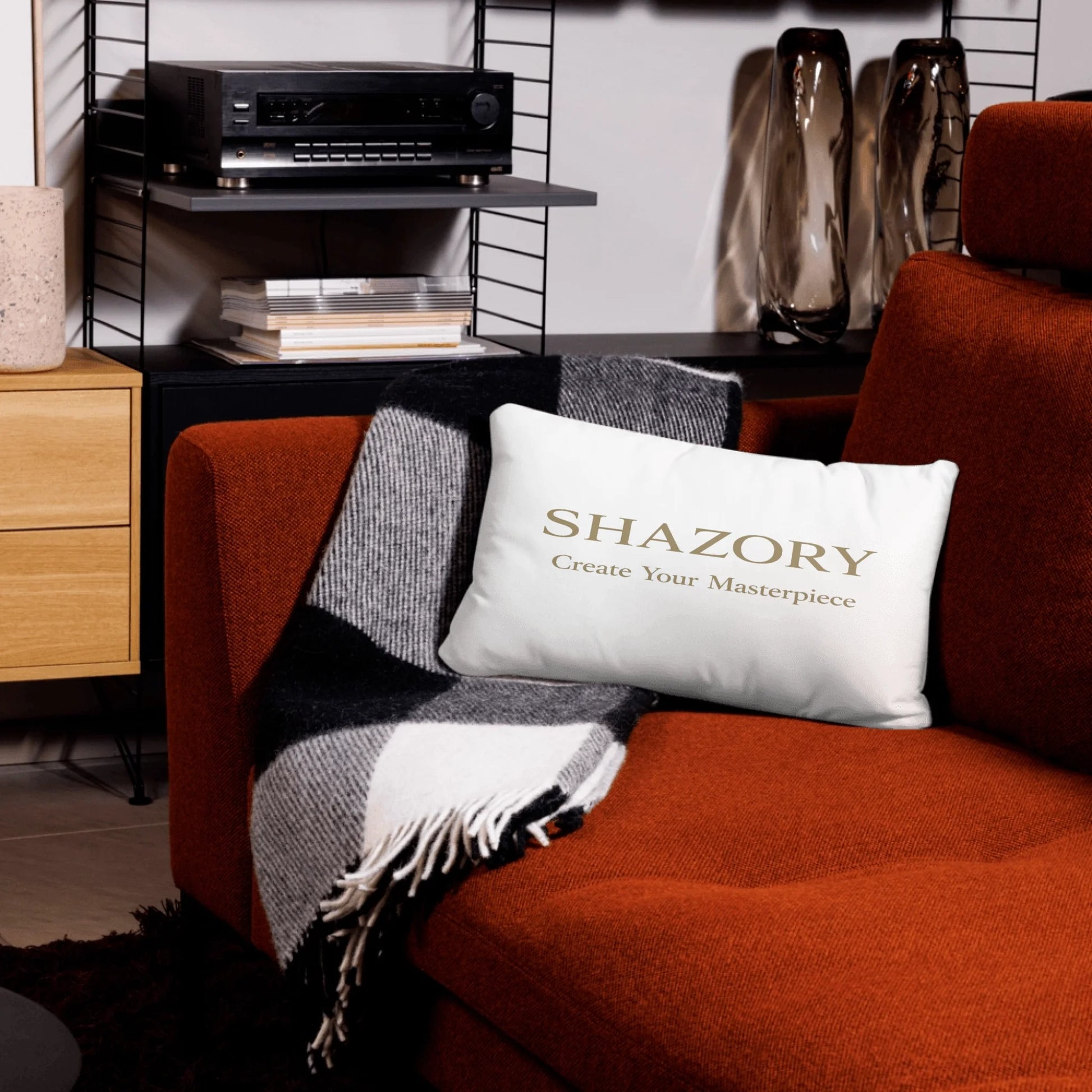 Lifestyle styling of personalized all-over print basic pillow — pillow ready for daily use