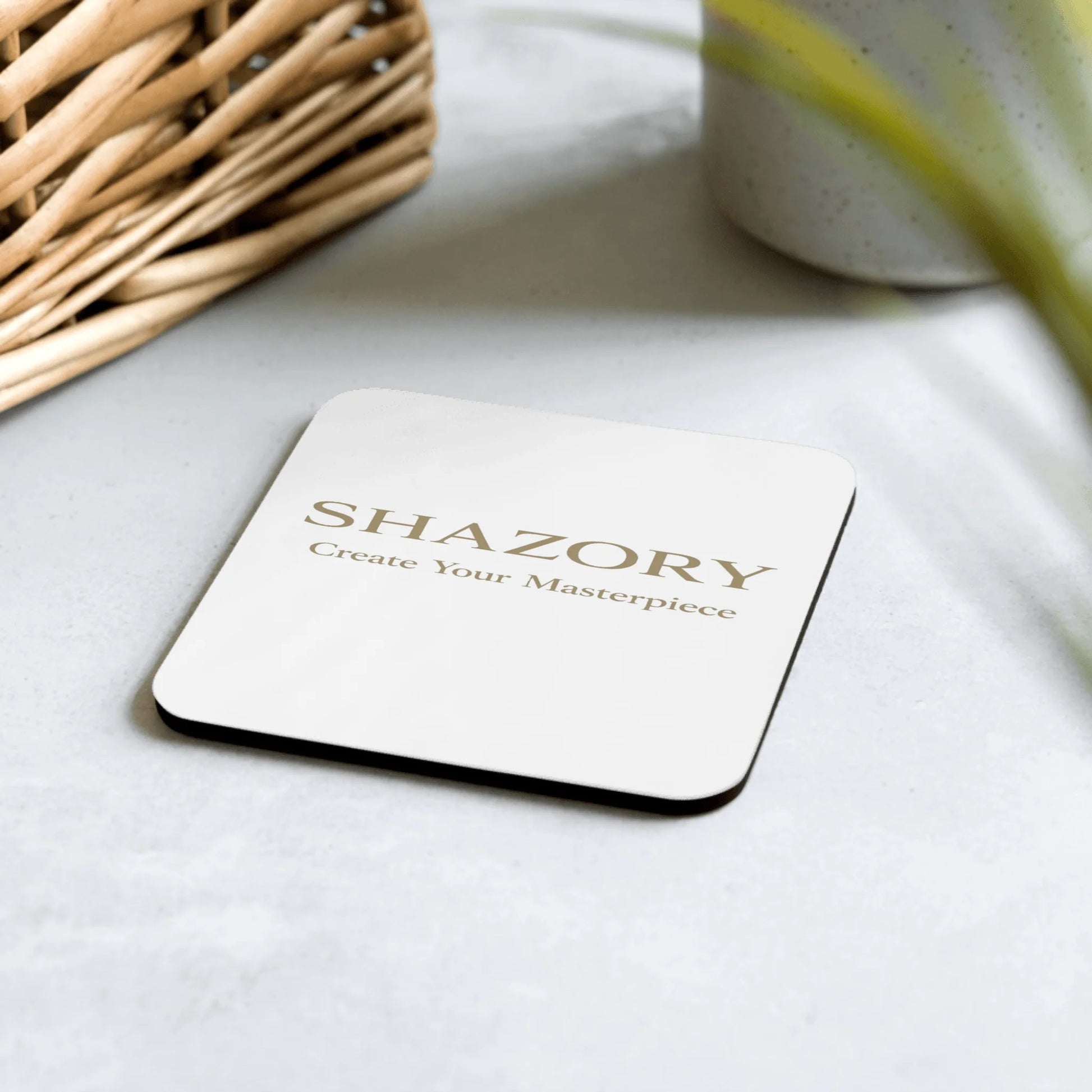 Alternate angle of custom cork-back coaster — personalized design with coaster