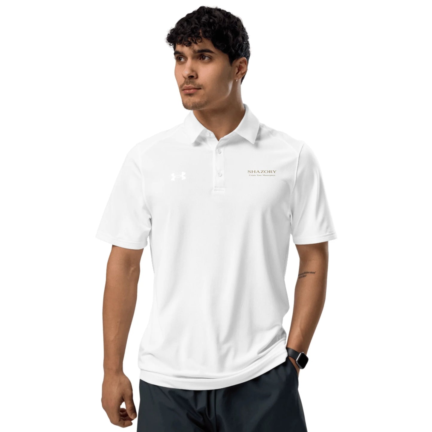 Front view of personalized men's Under Armour performance polo — polo shirt for everyday wear
