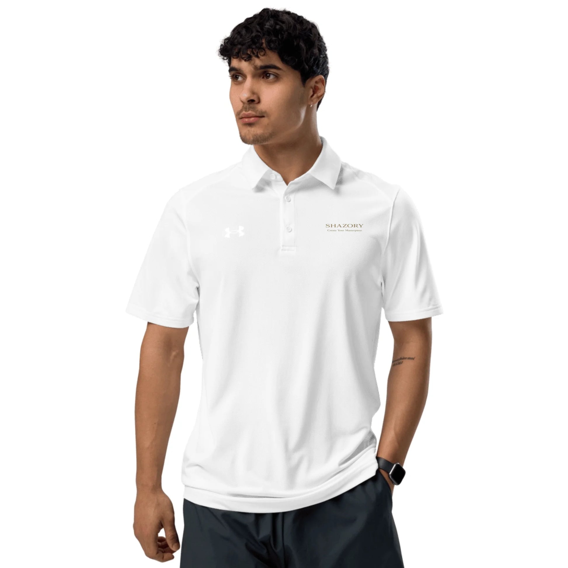 Front view of personalized men's Under Armour performance polo — polo shirt for everyday wear