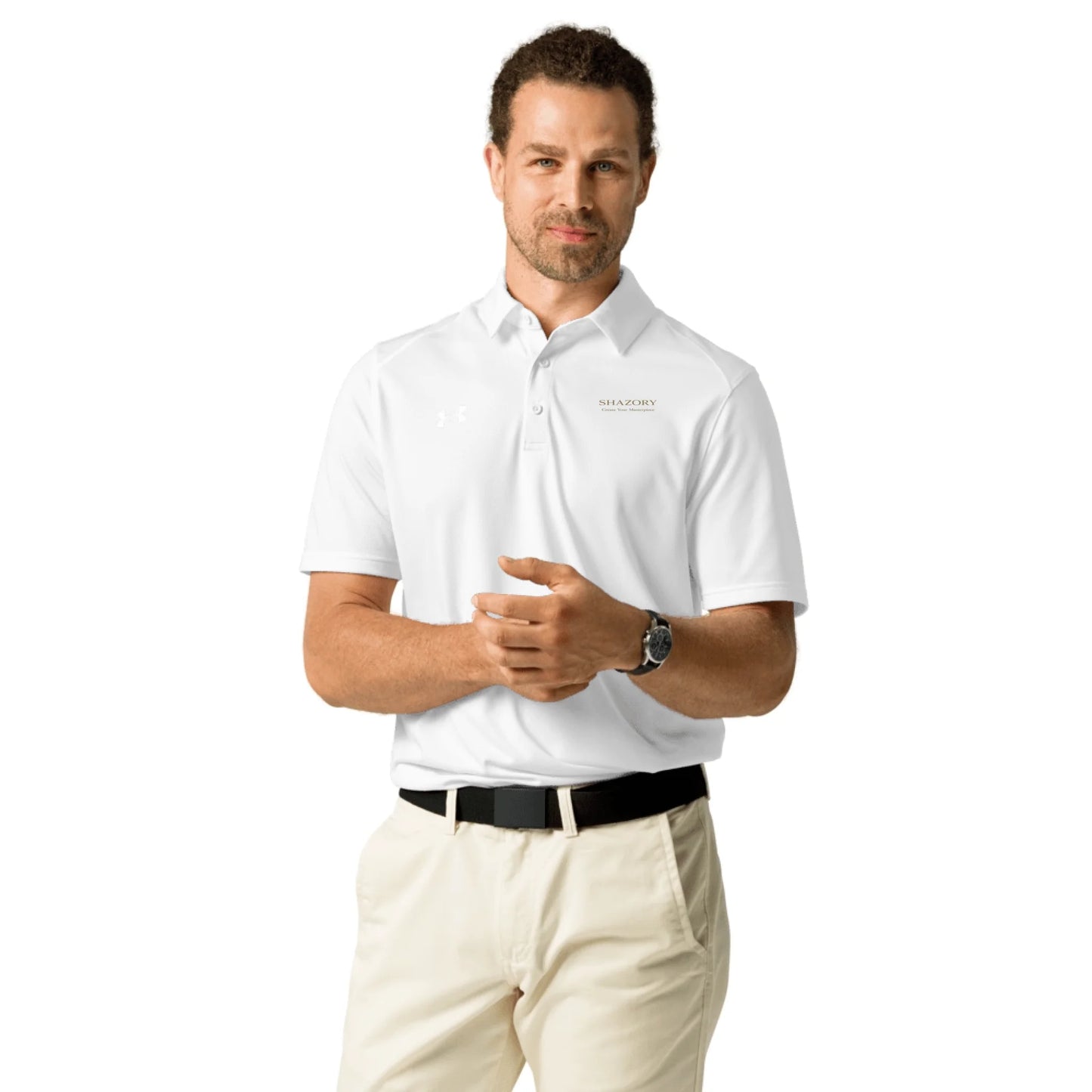 Lifestyle styling of personalized men's Under Armour performance polo — polo ready for daily use