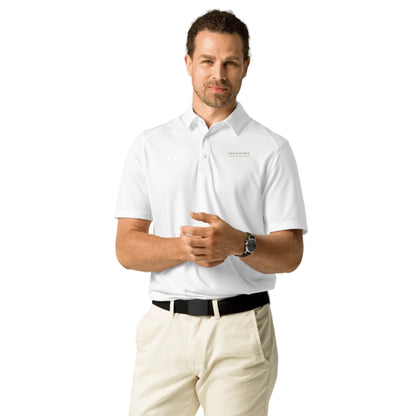 Lifestyle styling of personalized men's Under Armour performance polo — polo ready for daily use