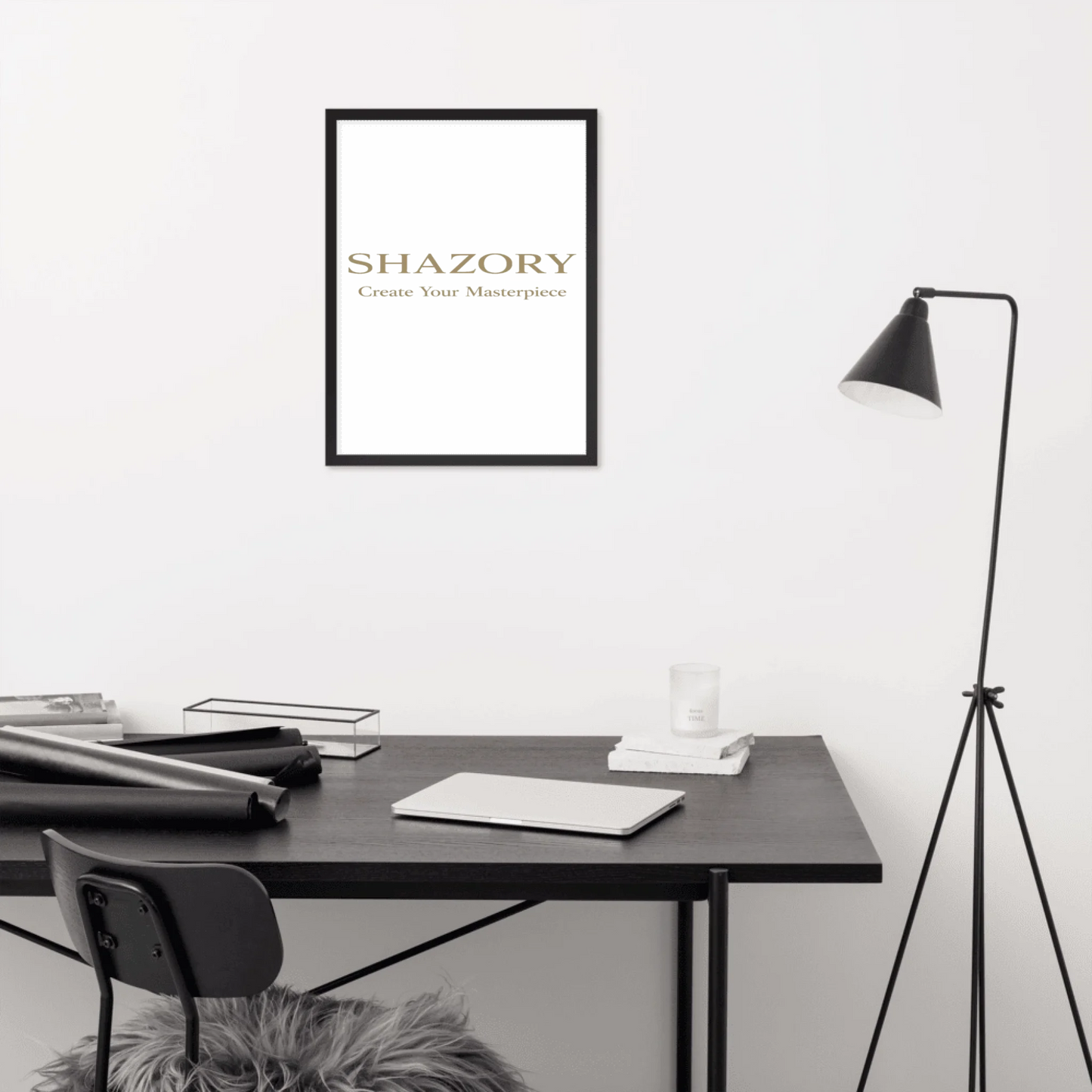 Lifestyle styling of personalized premium luster framed poster — framed poster ready for the wall
