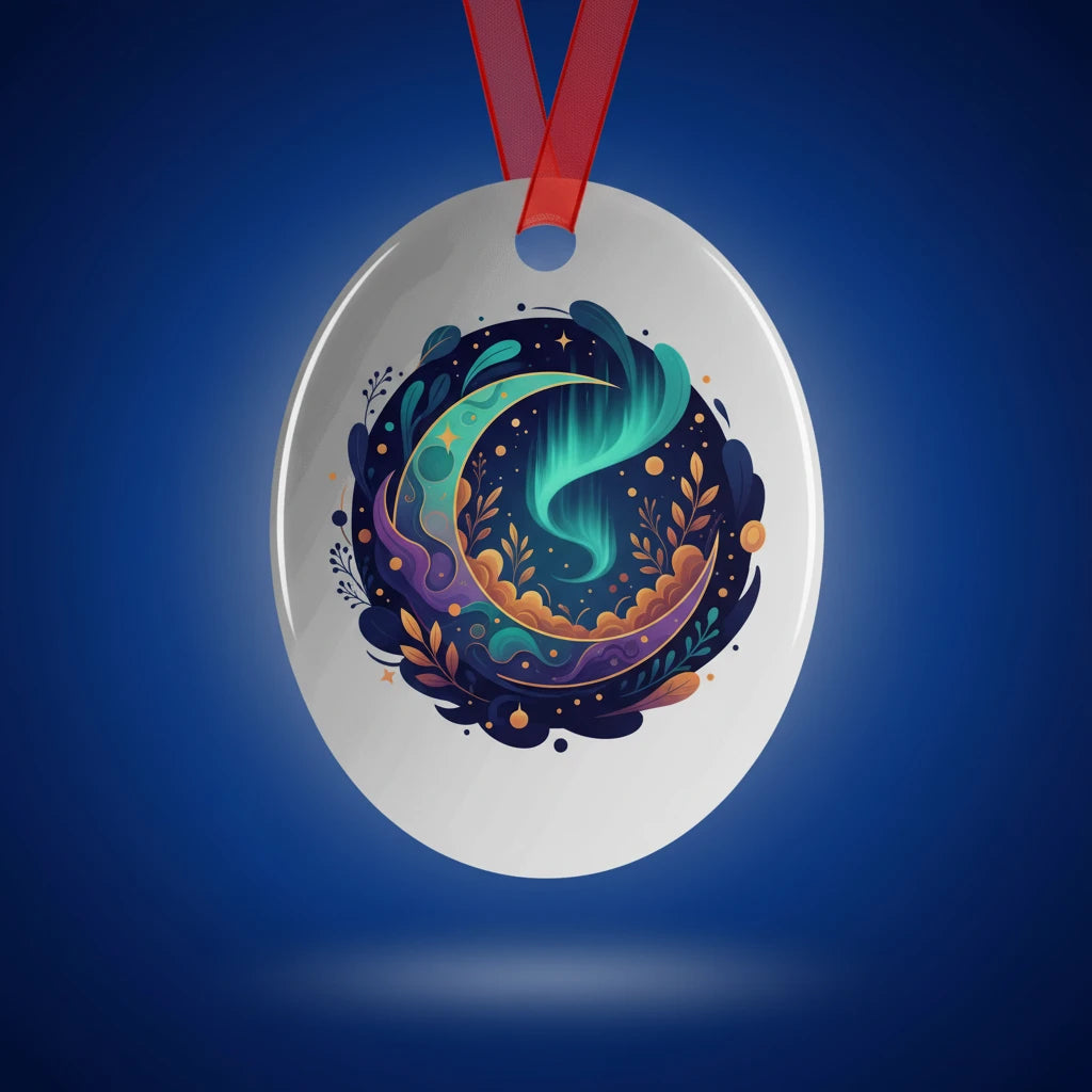 Lifestyle styling of personalized metal Christmas ornament — ornament ready for the tree