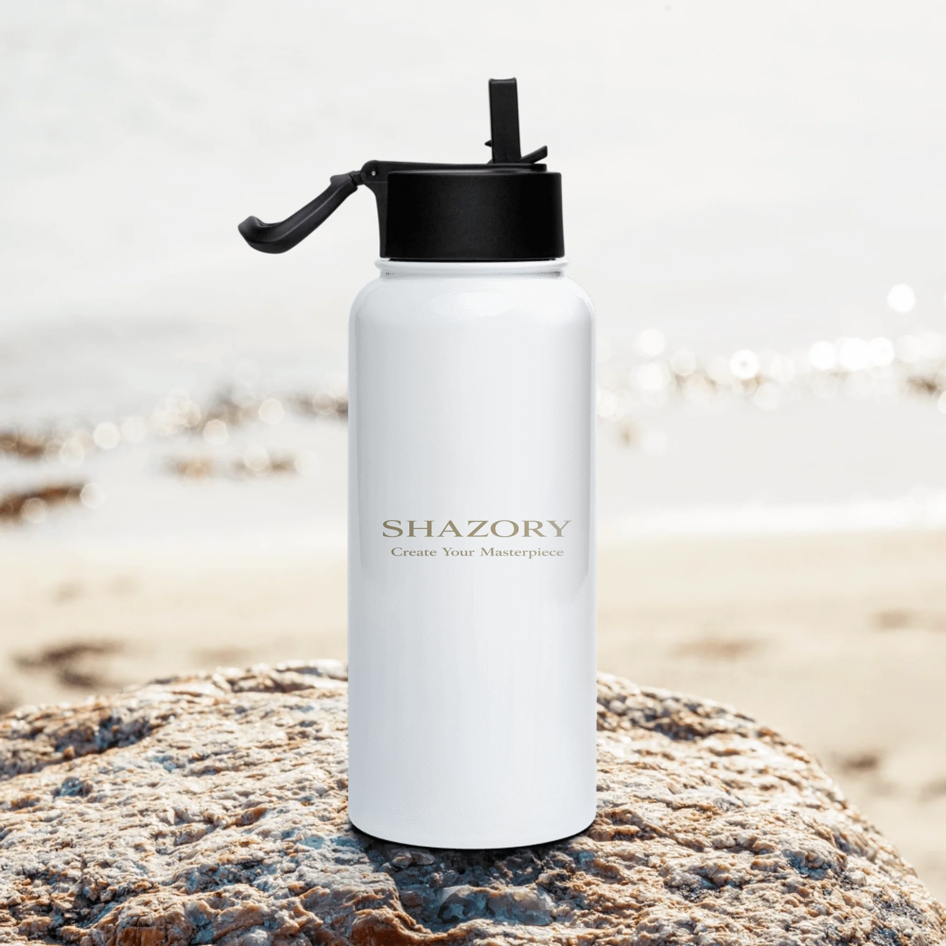 Close-up detail of custom print on water bottle with straw lid — bottle surface texture