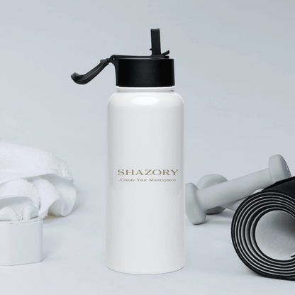 Lifestyle styling of personalized 32 oz water bottle — bottle ready for the daily carry