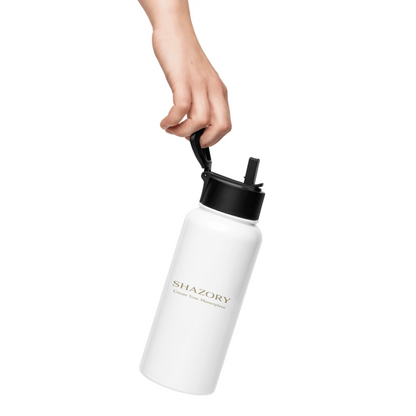 Alternate angle of custom water bottle with straw lid — personalized design with bottle