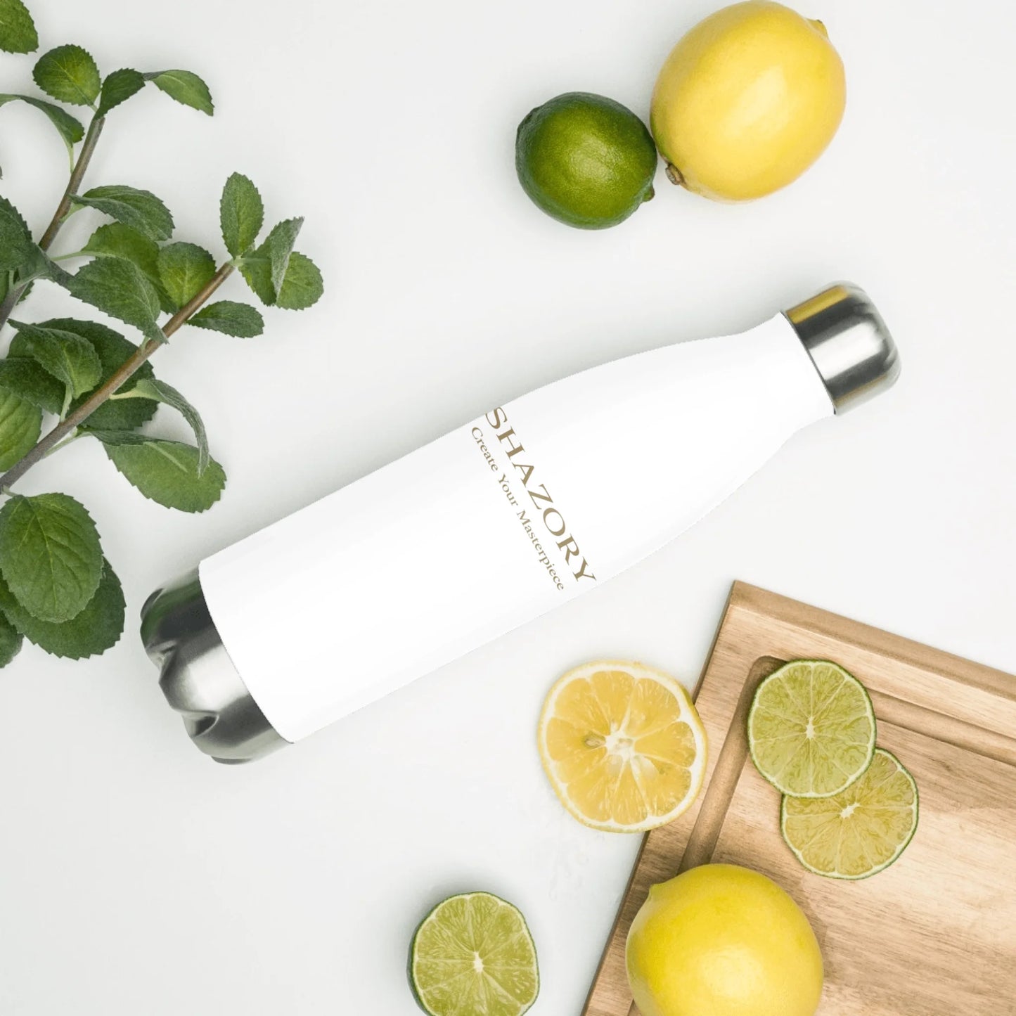 Close-up detail of custom print on stainless steel water bottle — bottle surface texture