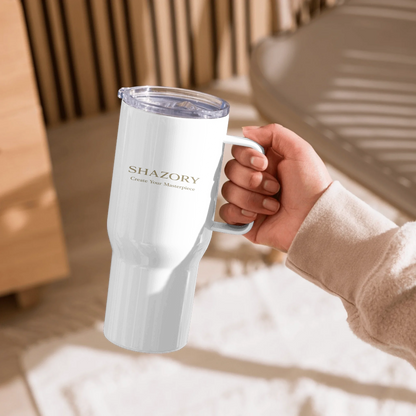 Close-up detail of custom print on travel mug with handle — mug surface texture