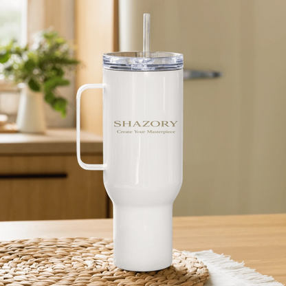 Alternate angle of custom travel mug with handle — personalized design with mug
