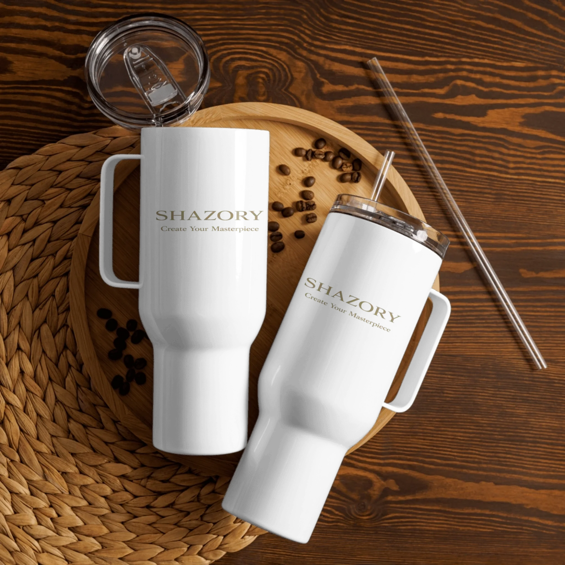 Made-to-order Shazory travel mug with handle — personalized commute mug