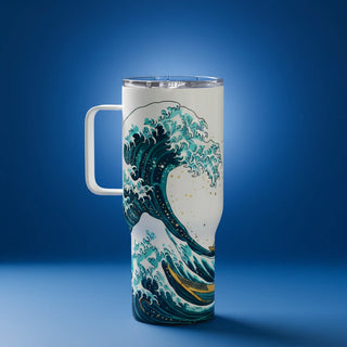 Custom insulated travel mug with handle and personalized design from Shazory