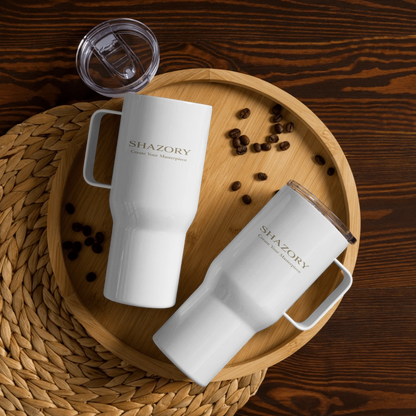 Front view of personalized travel mug with handle — mug for everyday commute