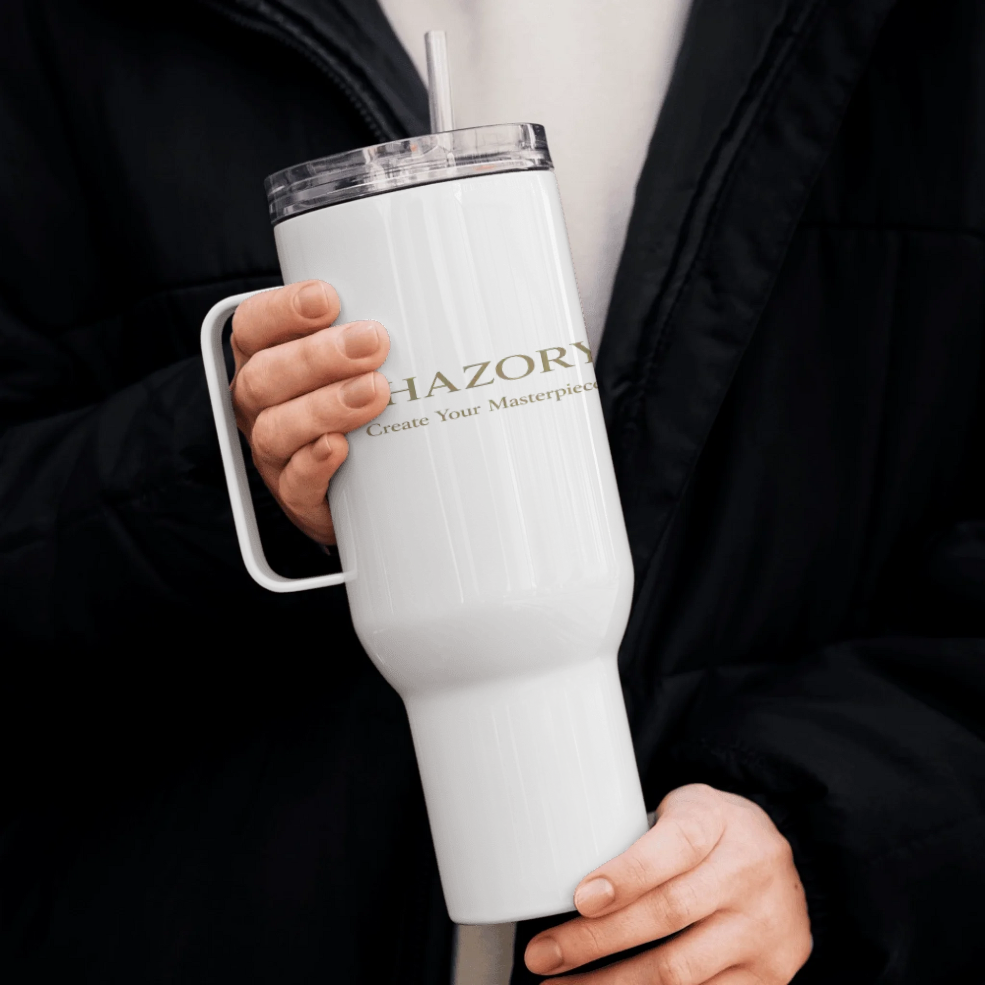 Lifestyle styling of personalized travel mug — mug ready for the morning routine