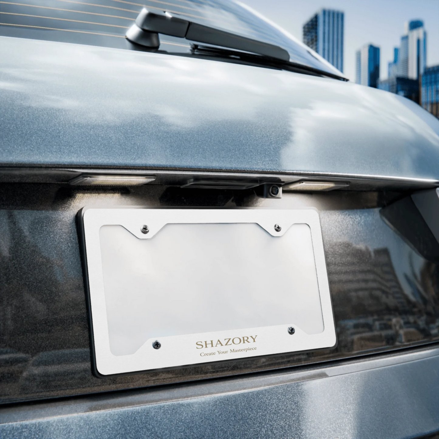 Shazory Custom Metal License Plate Frame — main view of polished aluminum frame with custom print