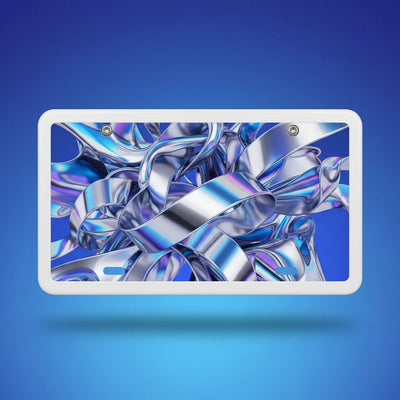 Shazory Custom Metal License Plate Frame — main view of polished aluminum frame with custom print