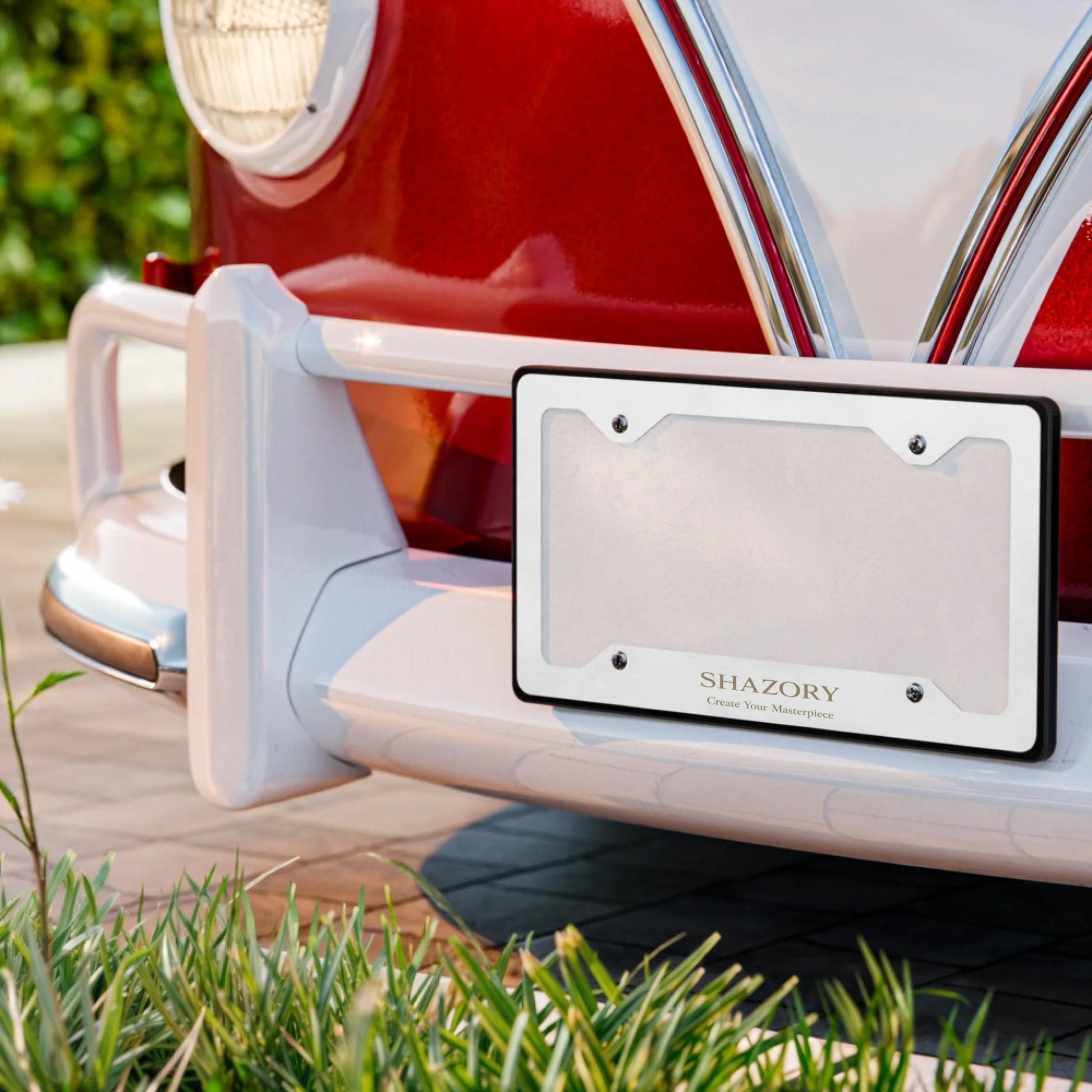 Shazory Custom Metal License Plate Frame — top and bottom rail print detail