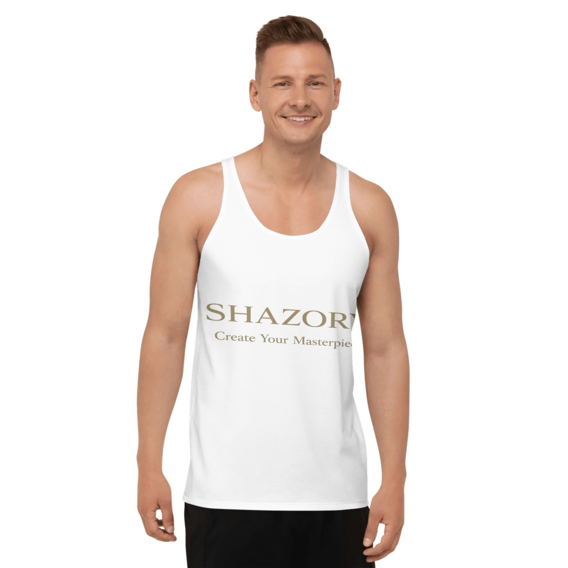 Front view of personalized men’s all-over print tank — full-color sublimation wraps the entire tank