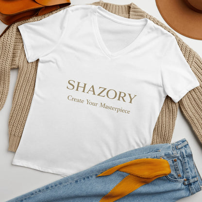 Custom Women's Relaxed V-Neck T-Shirt — personalized photo or design printed on women's relaxed v-neck tee from Shazory