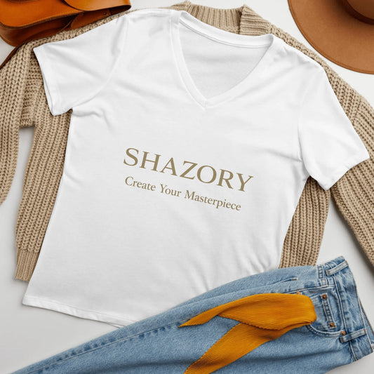 Custom Women's Relaxed V-Neck T-Shirt — personalized photo or design printed on women's relaxed v-neck tee from Shazory