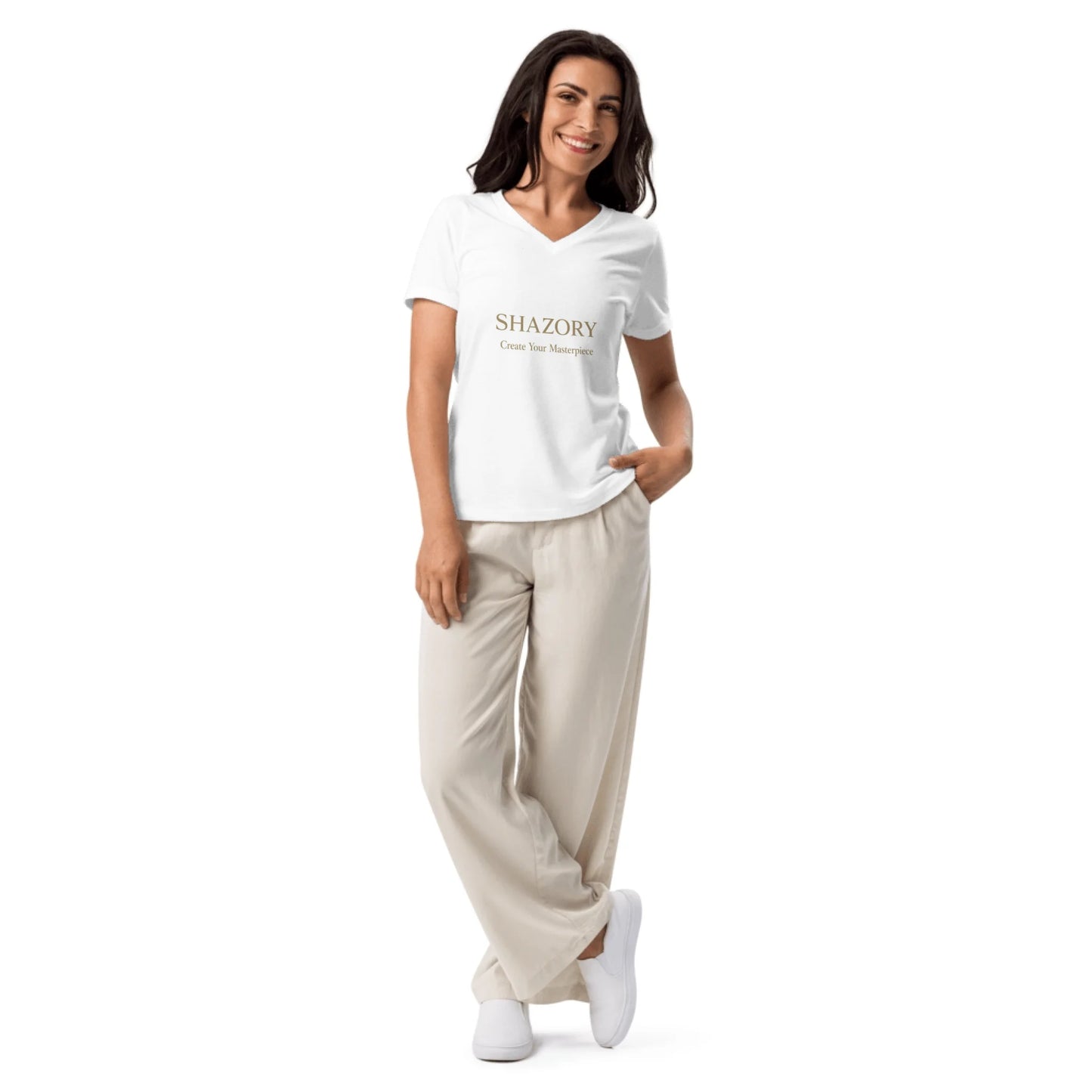Front view of personalized women’s relaxed V-neck tee — soft cotton blend custom photo tee