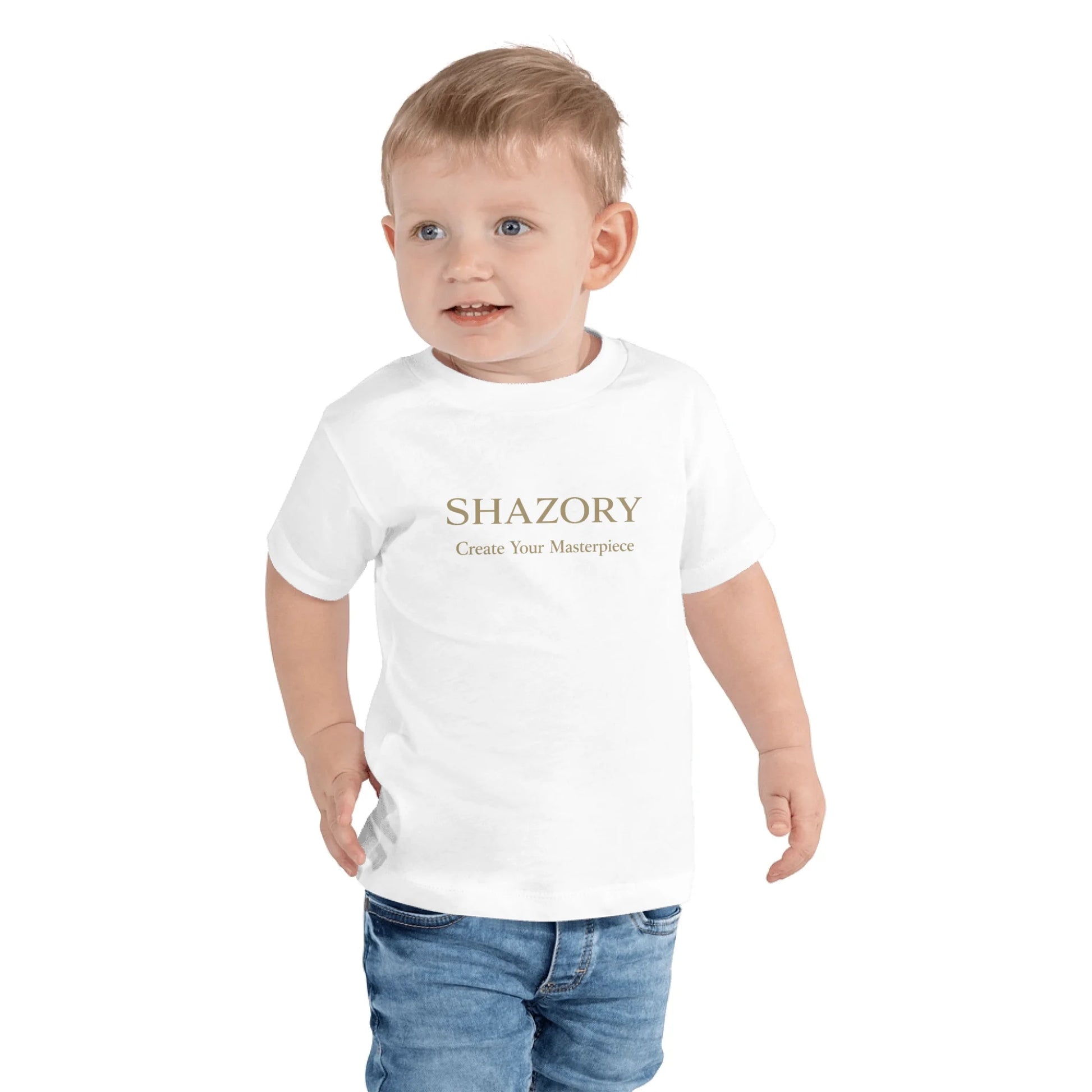 Lifestyle styling of personalized toddler staple tee — kids apparel ready for everyday wear