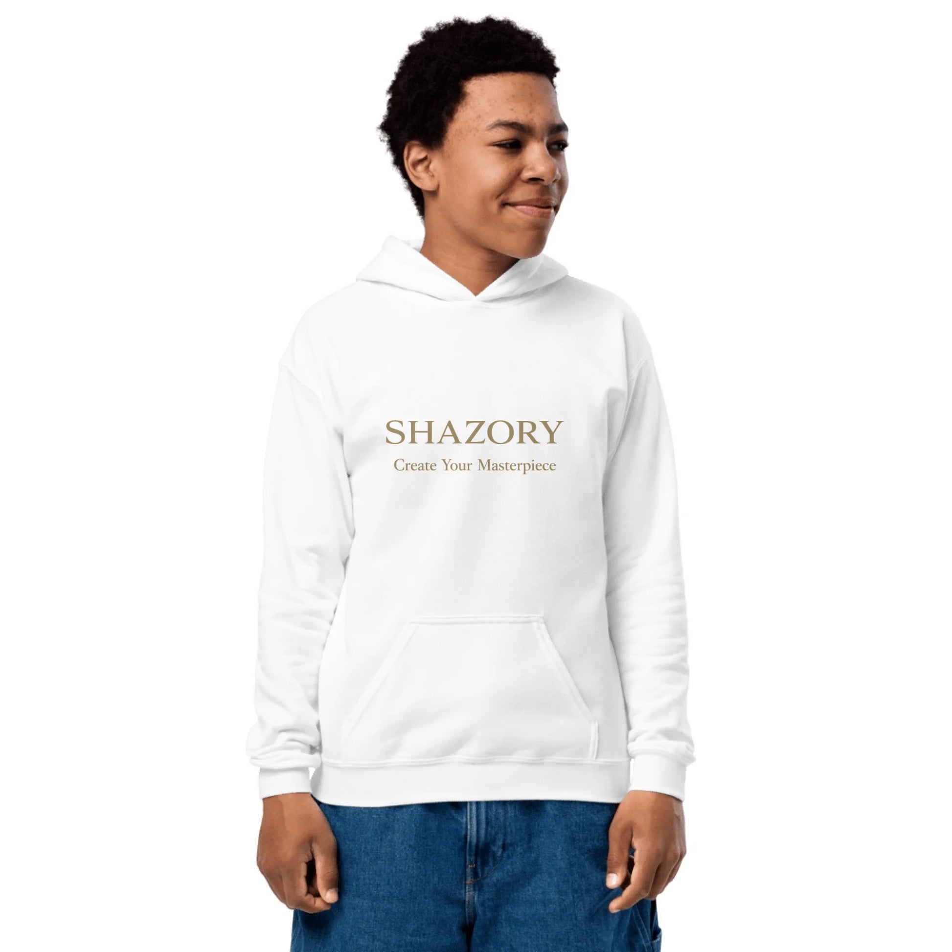 Lifestyle styling of personalized youth heavy blend hoodie — kids apparel ready for cooler days
