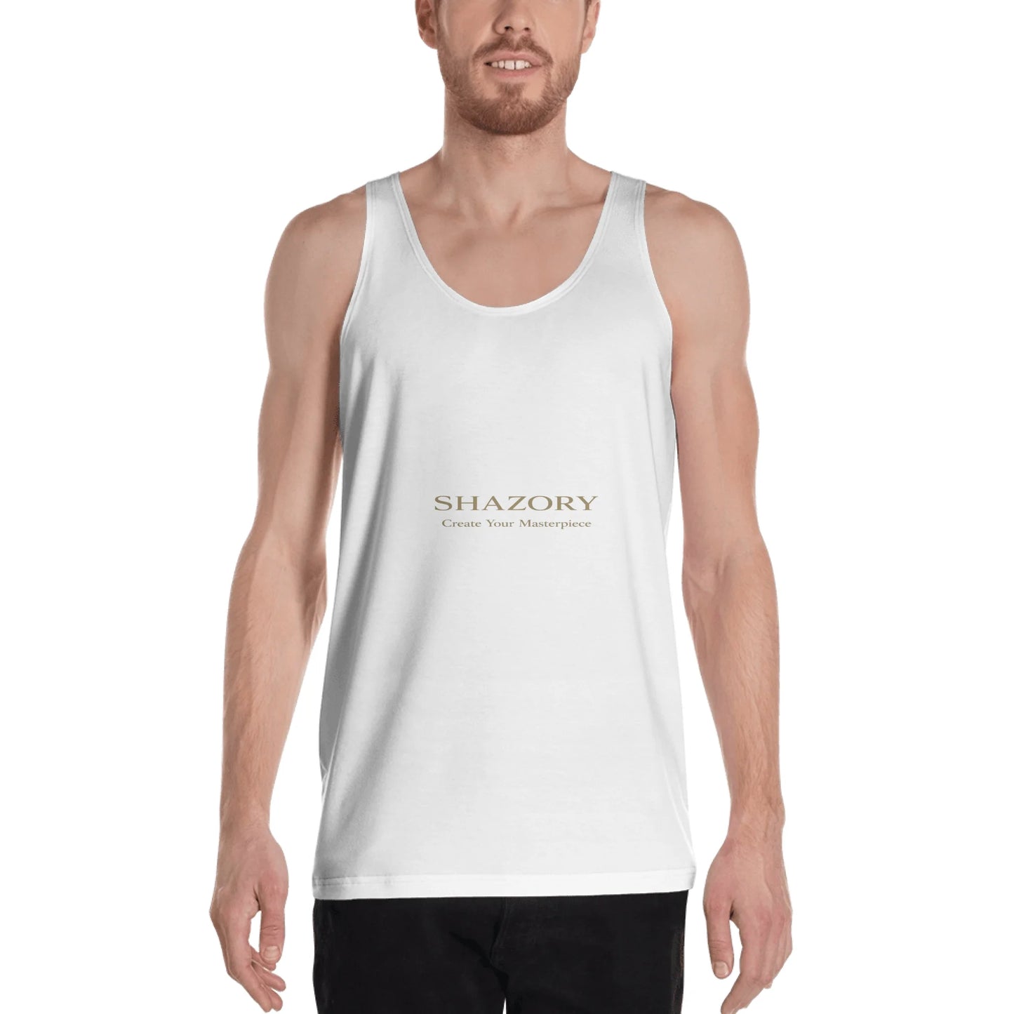 Close-up detail of custom photo print on all-over print men’s tank — polyester sublimation surface