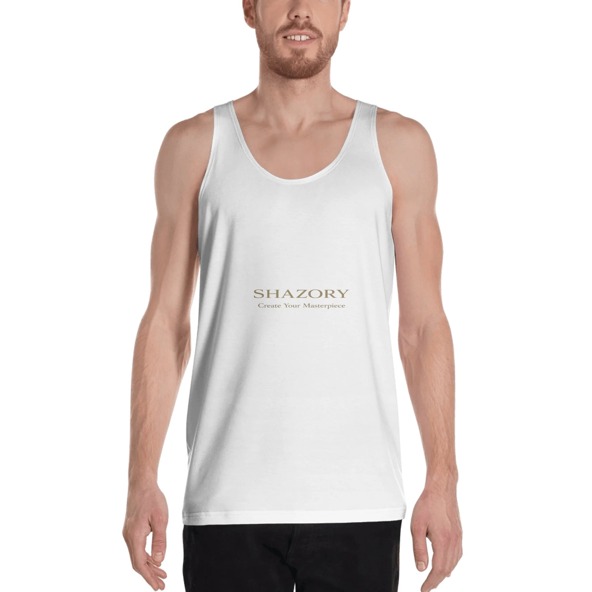 Close-up detail of custom photo print on all-over print men’s tank — polyester sublimation surface