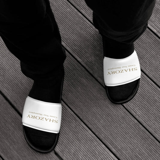 Shazory Custom Men's Slides — top-down view of slip-on sandals with personalized strap print