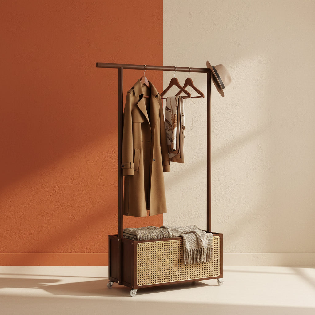 Shazory bamboo clothing rack with storage basket bedroom organization