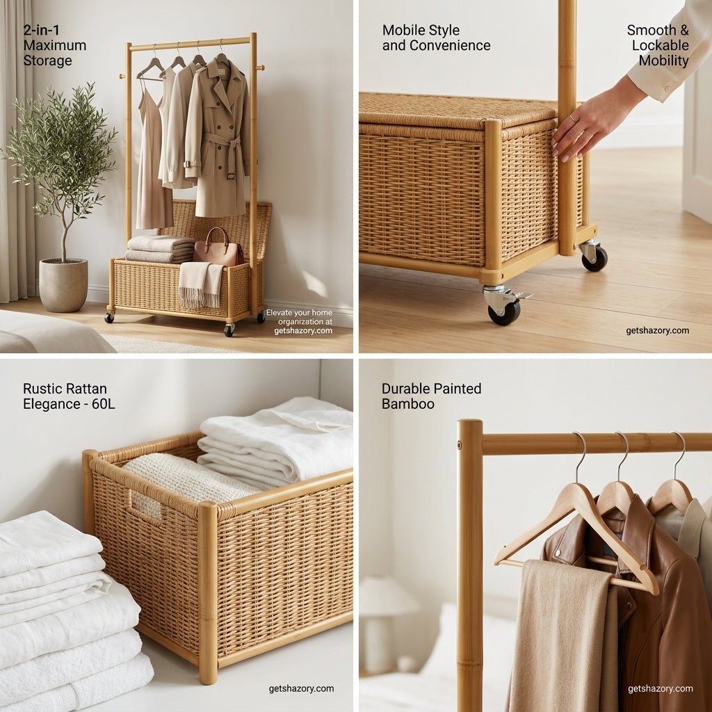 Shazory bamboo clothing rack lower shelf storage