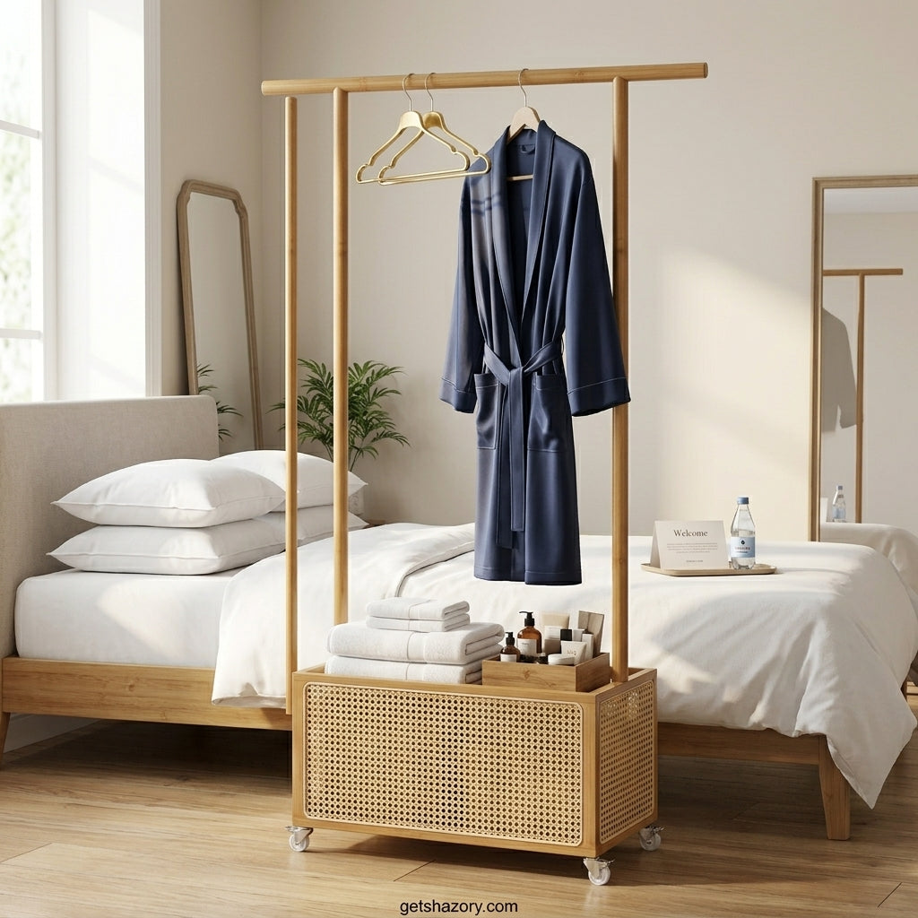Shazory bamboo clothing rack side view with storage