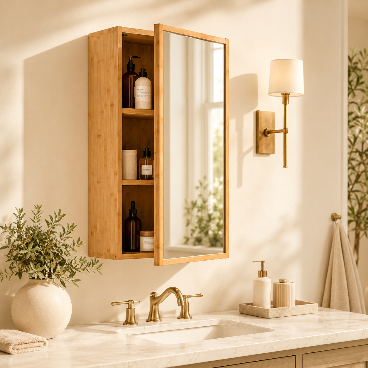 Shazory Bamboo Bathroom Cabinet with Mirror, available at getshazory.com